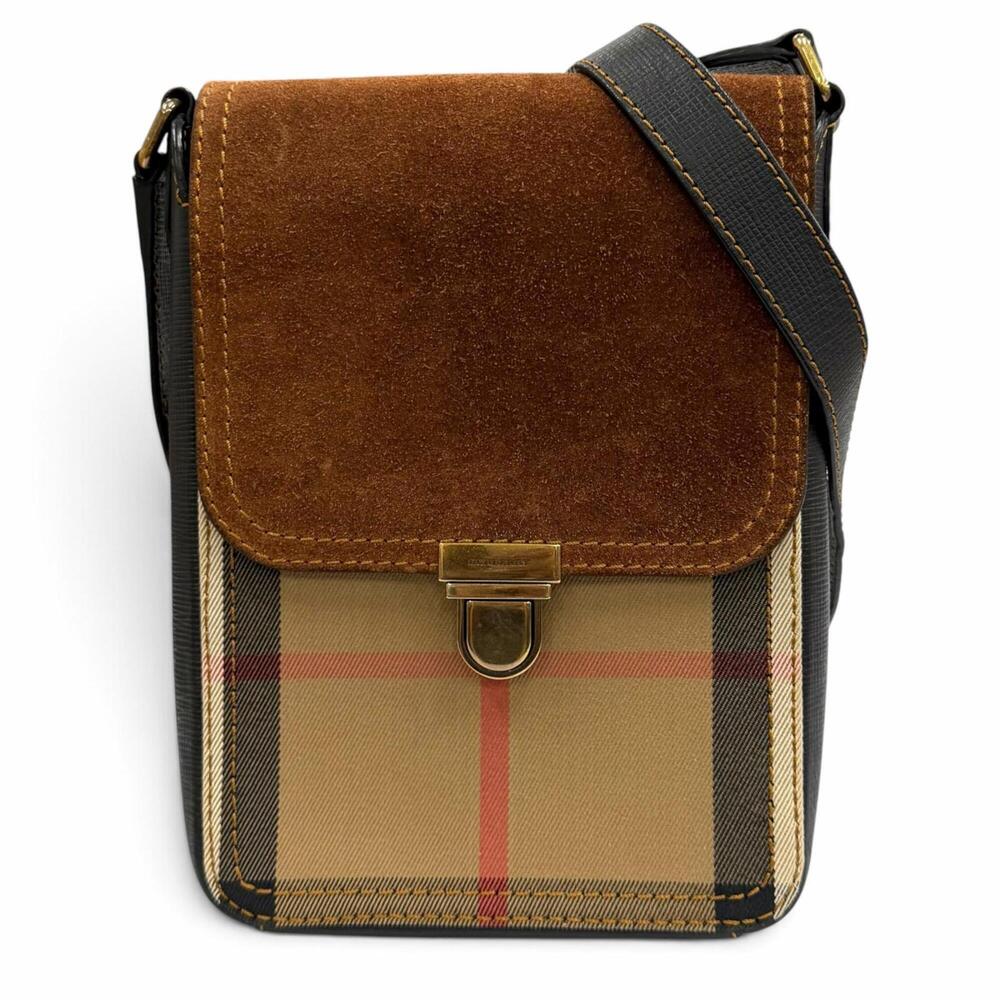 BURBERRY PRORSUM Leather Shoulder Bag with Burberry Check Pattern, Brown, Mad...